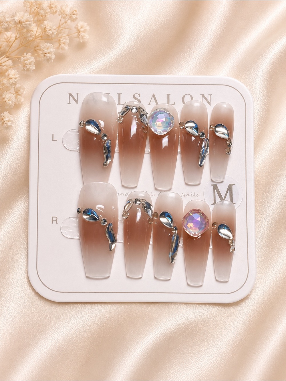 Neutral Ombre Crystal Press-On Nails - Elegant Nude Brown Set size medium